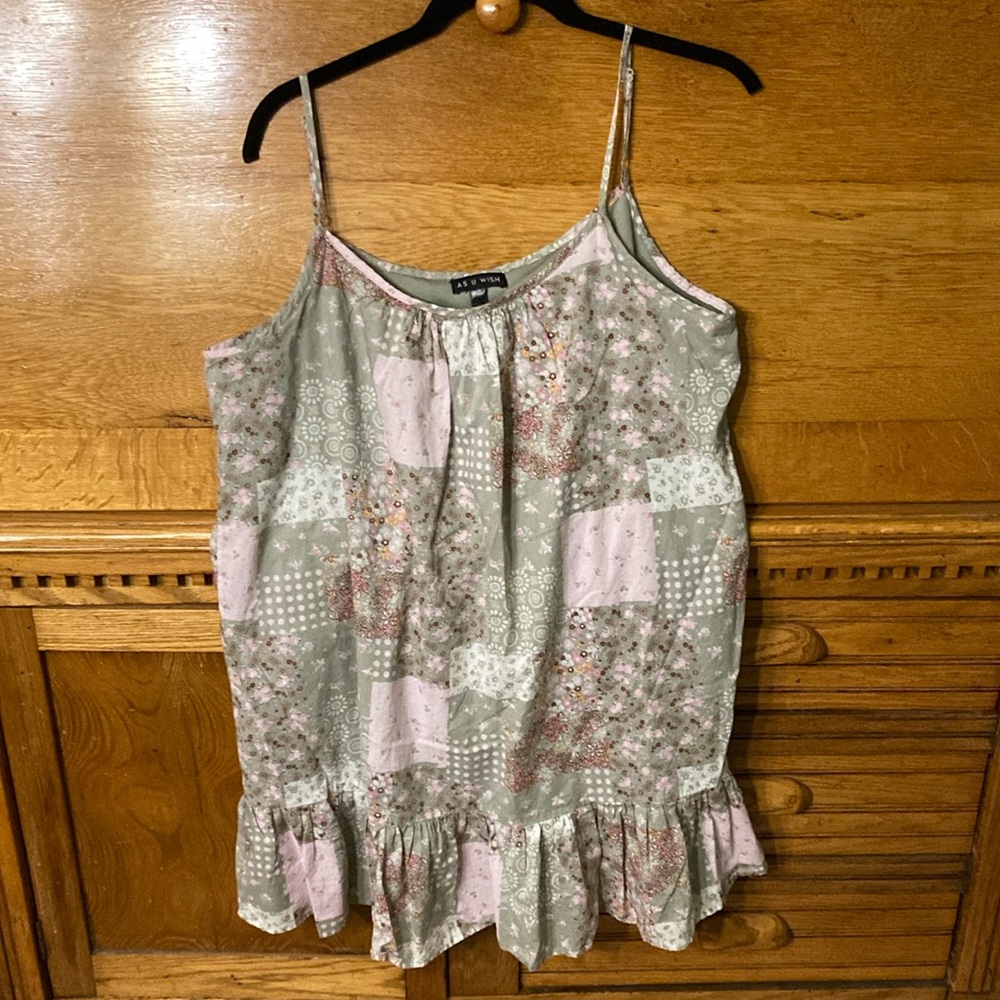 As U Wish Floral Patchwork Boho Fairycore Cottagecore Mini‎ Dress Ruffle Hem L/G